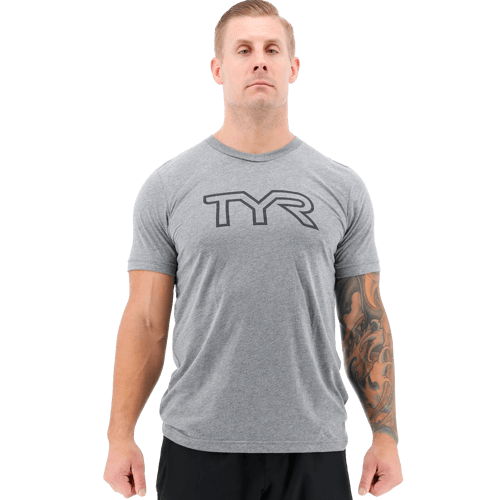 TYR Men's Big Logo Outline Logo Heather Grey/Black T-Shirt - Aqua Shop