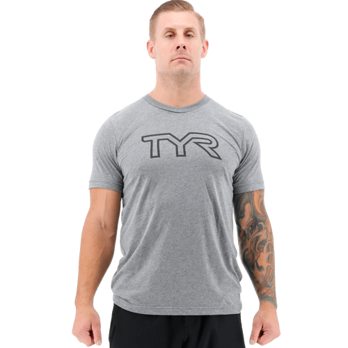 TYR Men's Big Logo Outline Logo Heather Grey/Black T-Shirt - Aqua Shop 